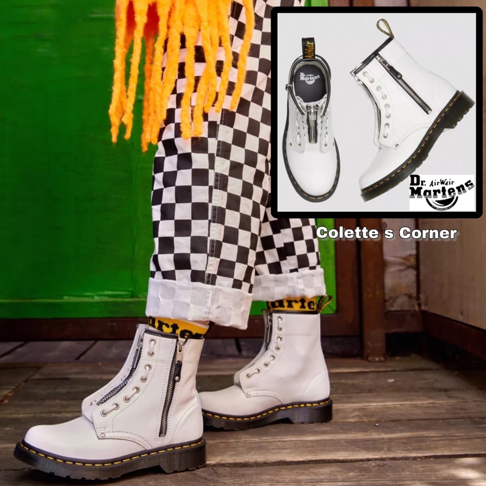 DR. MARTENS AIRWAIR DOUBLE ZIP WHITE LEATHER LACE UP COMBAT BOOTS SENDEL - Picture 16 of 16